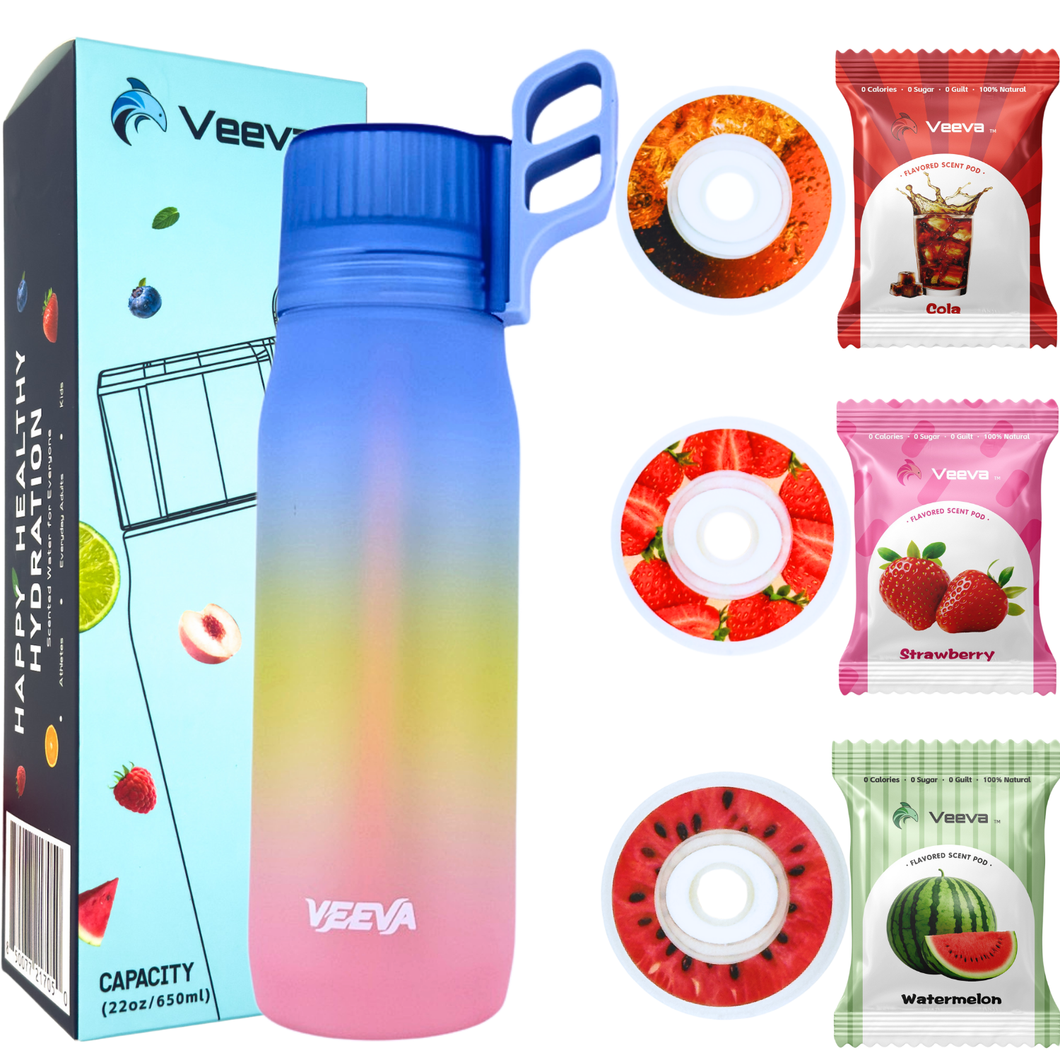 22oz VEEVA Scented Water Bottle with 3 Aroma Pods + Straw — Watermelon, Cola, Strawberry | Leak-Proof, BPA-Free, Carbonation Compatible