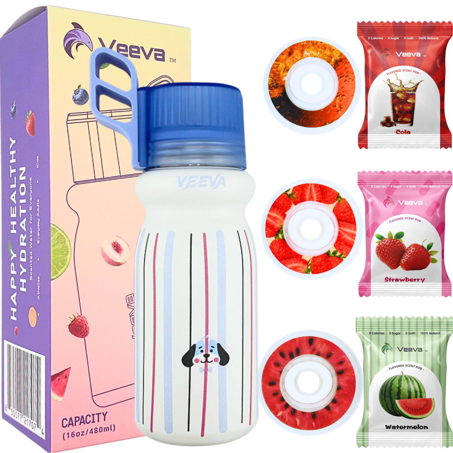 VEEVA Scented Water Bottle (16oz) with 3 Aroma Pods + Straw — Watermelon, Cola, Strawberry | Leak-Proof, BPA-Free, Carbonation Compatible, Zero Sugar, Zero Calories