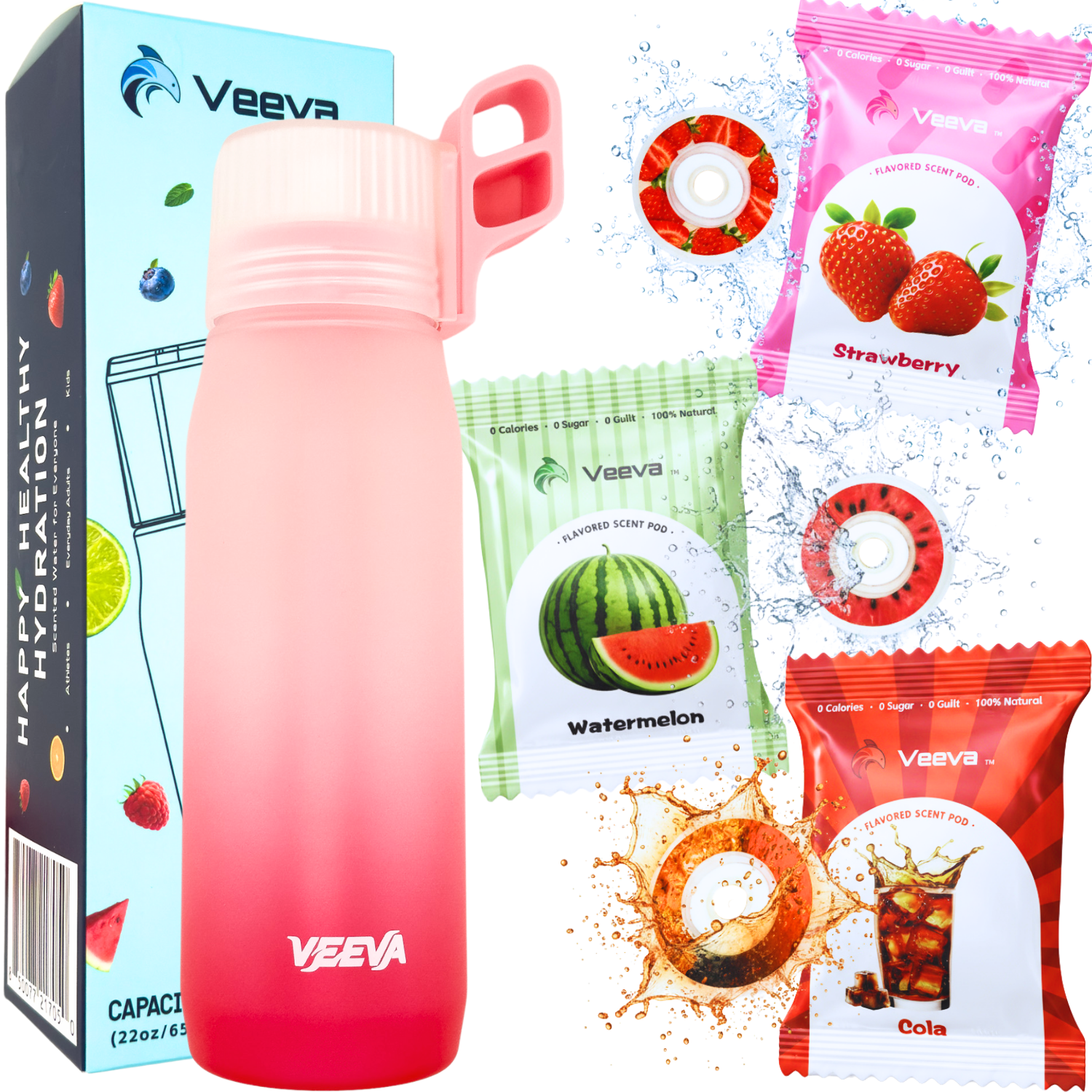 VEEVA Scented Water Bottle (22oz) with 3 aroma pods + straw. Leak-proof, BPA-free, works with carbonation. Perfect for school, gym, sports & daily use. Zero sugar, zero calories, fun hydration for all