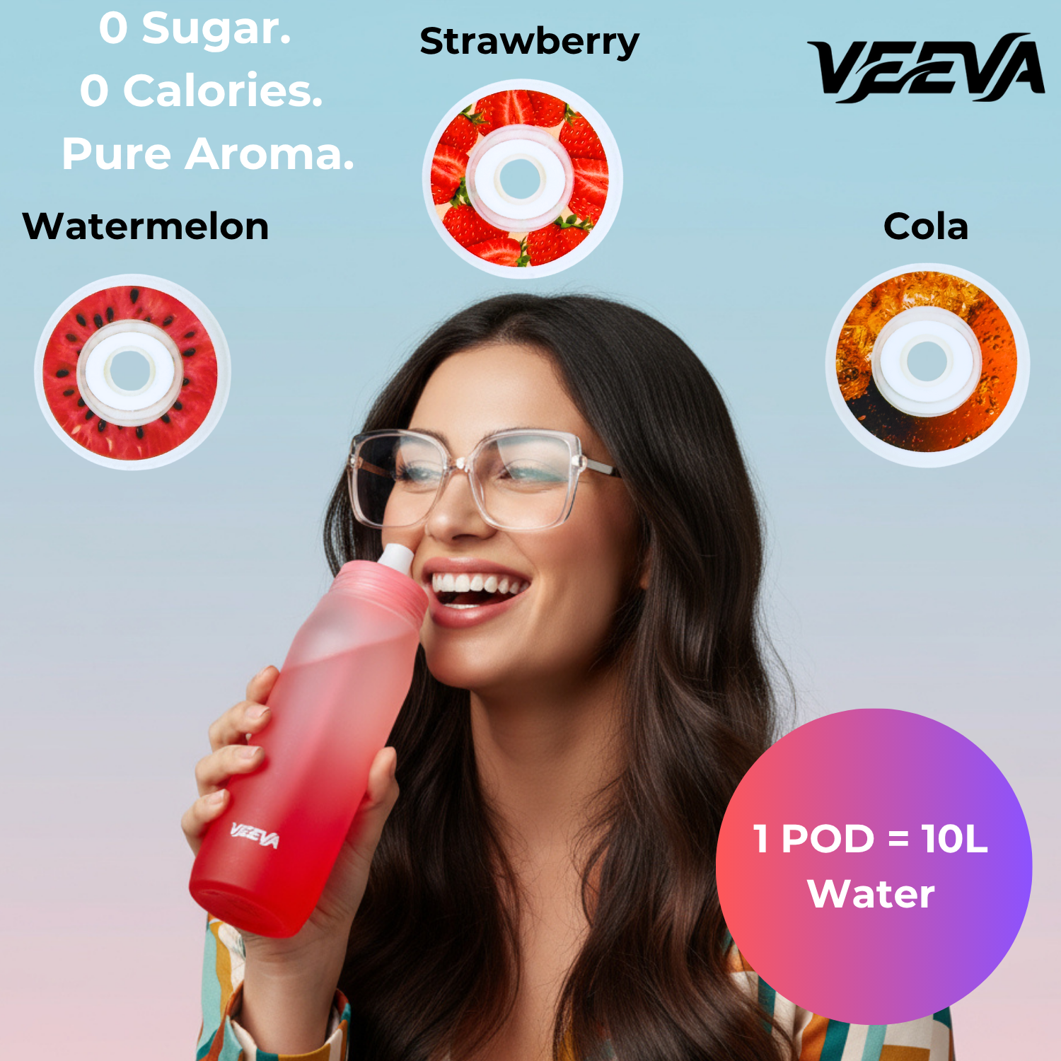 VEEVA Scented Water Bottle (22oz) with 3 aroma pods + straw. Leak-proof, BPA-free, works with carbonation. Perfect for school, gym, sports & daily use. Zero sugar, zero calories, fun hydration for all