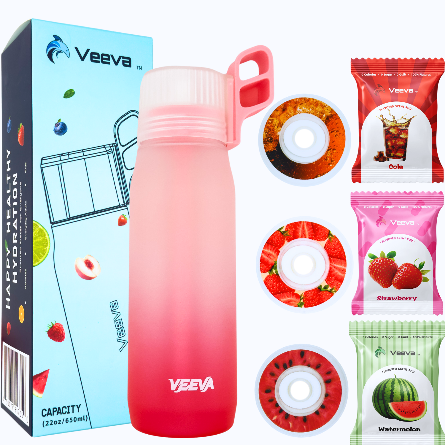 VEEVA Scented Water Bottle (22oz) with 3 aroma pods + straw. Leak-proof, BPA-free, works with carbonation. Perfect for school, gym, sports & daily use. Zero sugar, zero calories, fun hydration for all