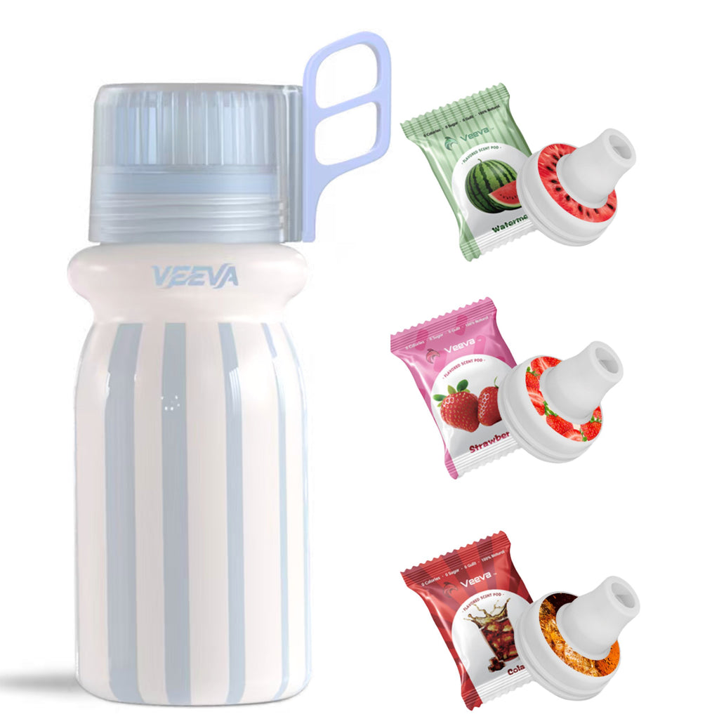 VEEVA® 16oz Blue Stripe Classic Scented Thermos Bottle with 3 Aroma Pods & Straw
